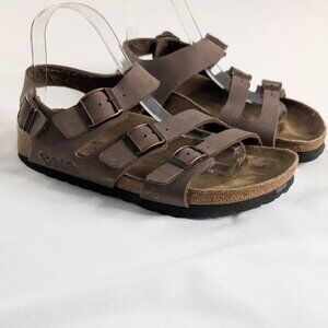Birkenstock Birkis Brown Tan Three Strap Buckle Ankle Strap Sandals